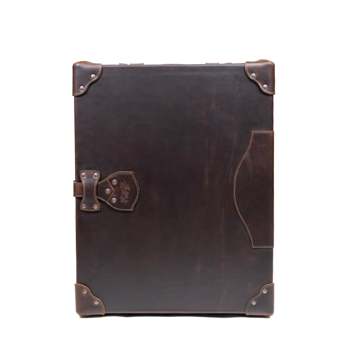 Leather Small Trunk in Dark Coffee Brown, closed and upright, front view showing latch, outer pocket and corner guards
