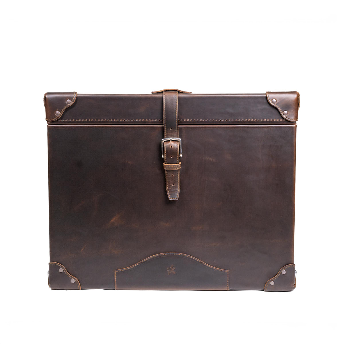 Leather Small Trunk in Dark Coffee Brown, closed front view with buckled strap and corner guards