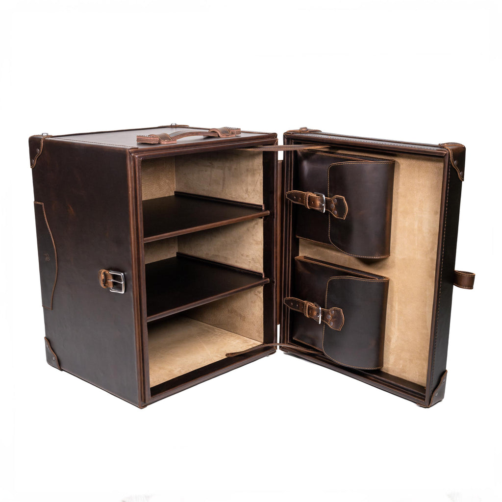 Leather Small Trunk in Dark Coffee Brown, open upright like a cabinet with two shelves and two buckled pockets