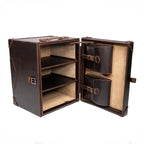 Leather Small Trunk in Dark Coffee Brown, open upright like a cabinet with two shelves and two buckled pockets