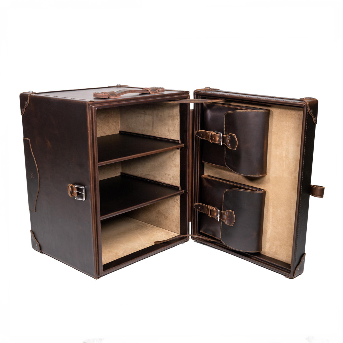 Leather Small Trunk in Dark Coffee Brown, open upright like a cabinet with two shelves and two buckled pockets