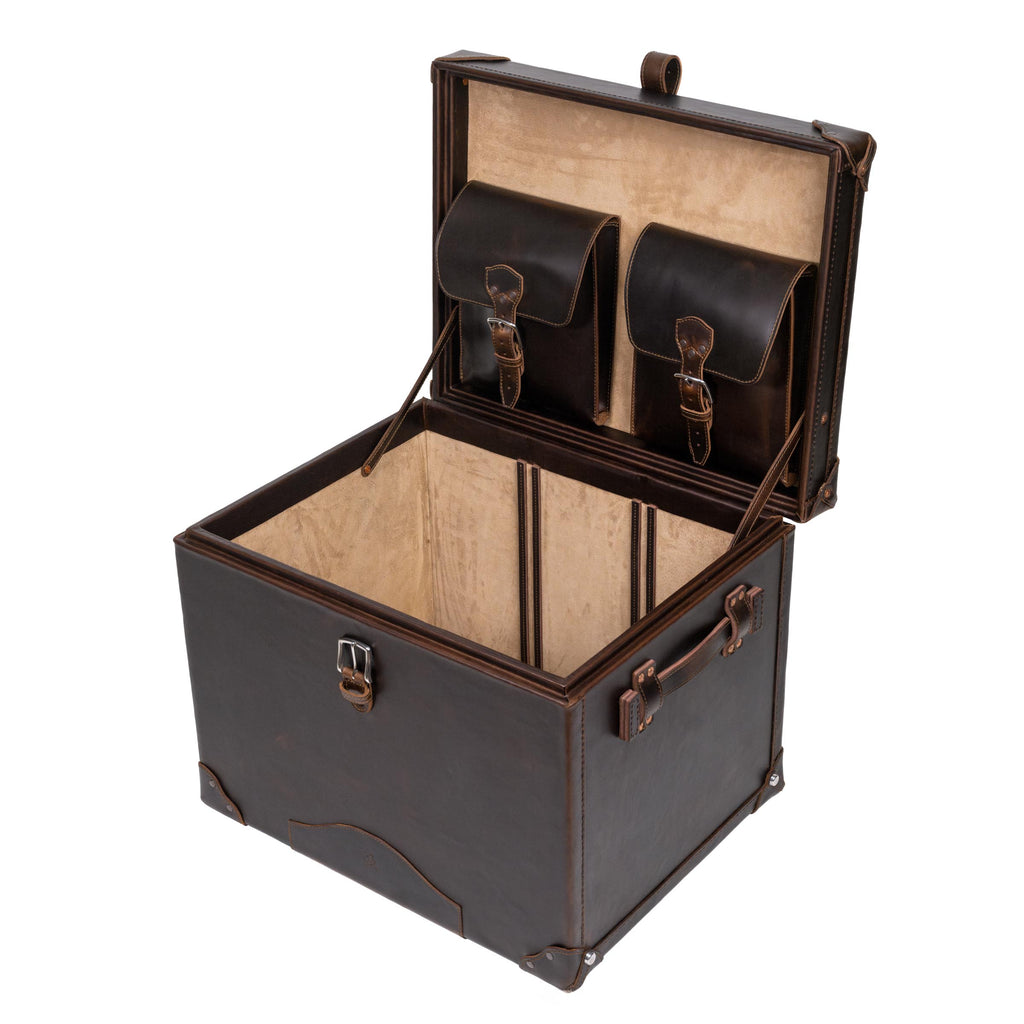 Leather Small Trunk in Dark Coffee Brown, open without dividers, two buckled lid pockets and suede-lined interior