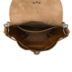 10" Convertible Crossbody in Tobacco, top view open and empty showing suede lining and interior pockets