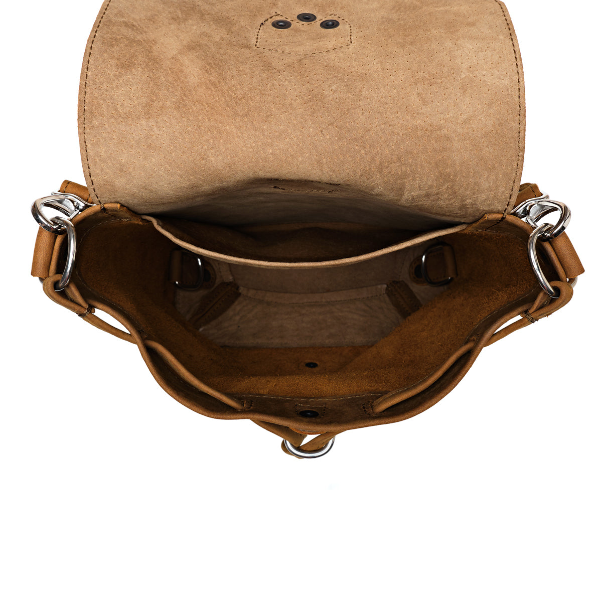 10" Convertible Crossbody in Tobacco, top view open and empty showing suede lining and interior pockets