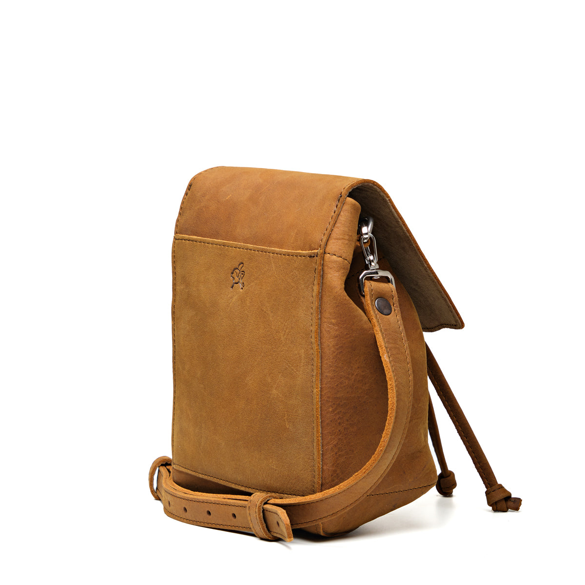 Mini Bucket Bag in Tobacco, angled back view with strap and slip pocket