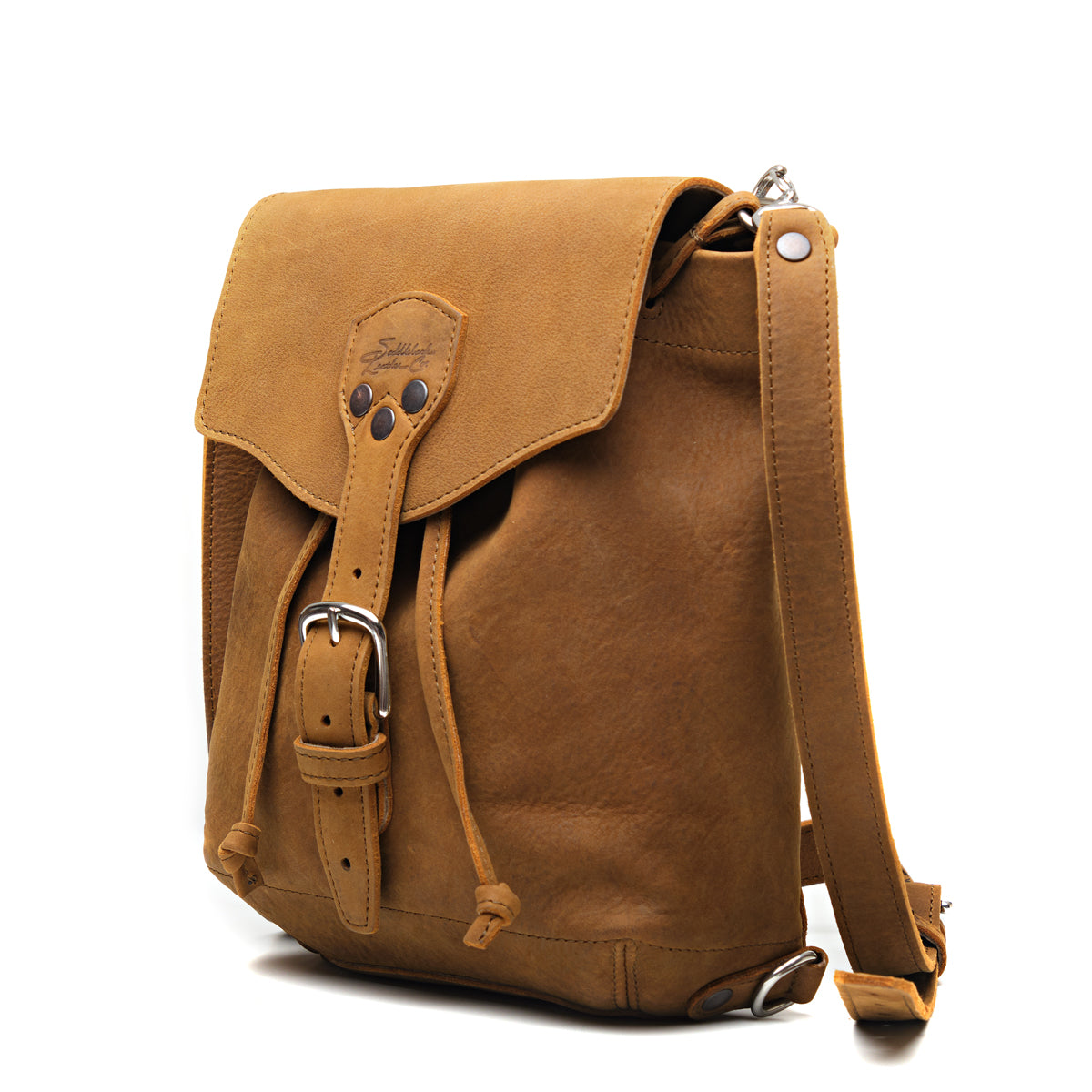 10" Convertible Crossbody in Tobacco, angled front view with buckled flap and strap