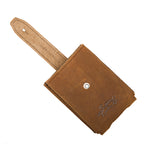 Leather Playing Cards Case in tan, flap unsnapped and extended showing snap stud and embossed logo