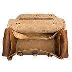 Side Pocket Leather Duffle in Tobacco, top view open showing the suede-lined interior and slip pocket