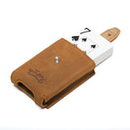 Leather Playing Cards Case in tan, opened with a deck of cards sliding out