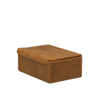 Small Organizer Box in Tobacco, closed, angled back view showing the lid hinge and stitched seams