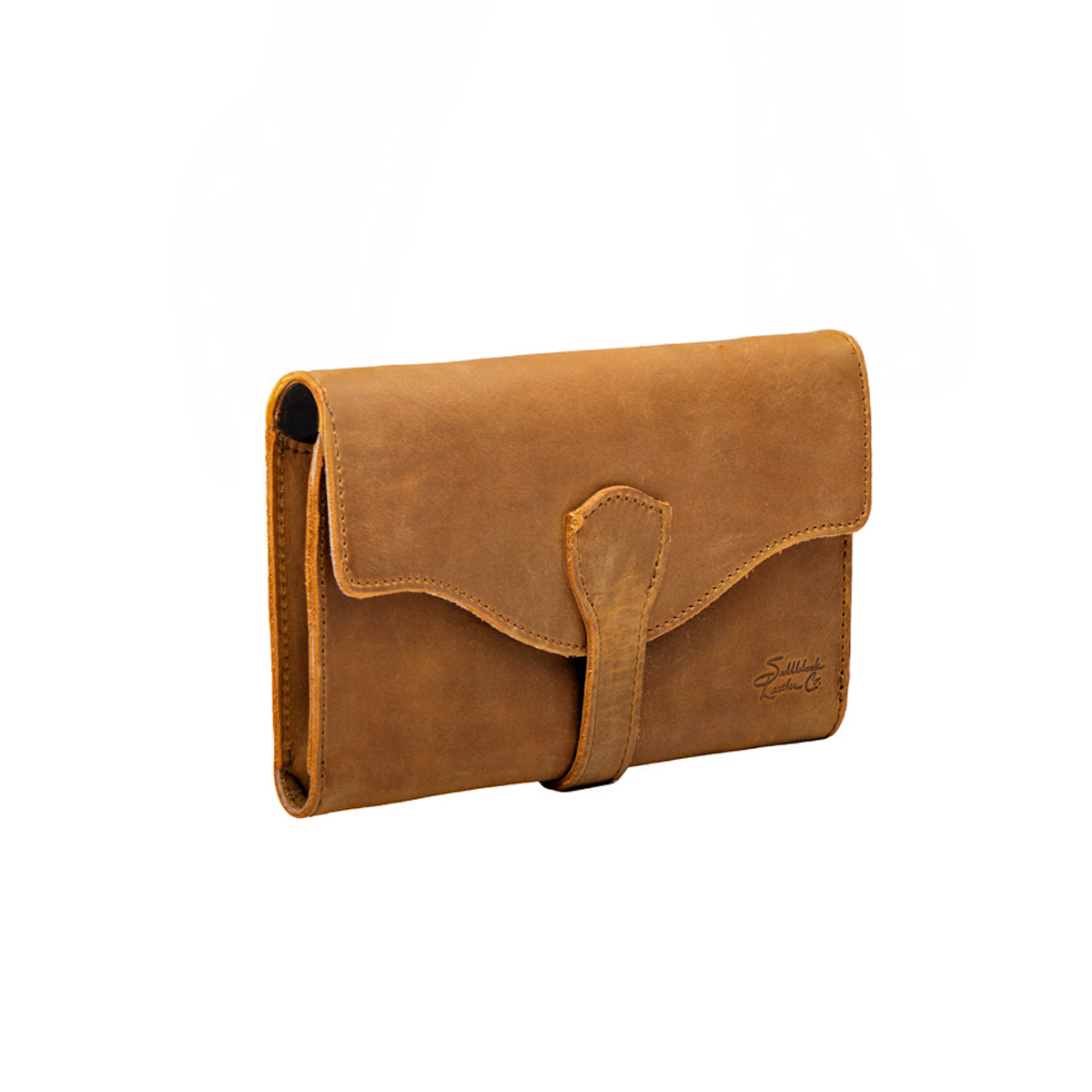 On The Go Leather Wallet in Tobacco, angled front view with curved flap and tuck-in tab closure