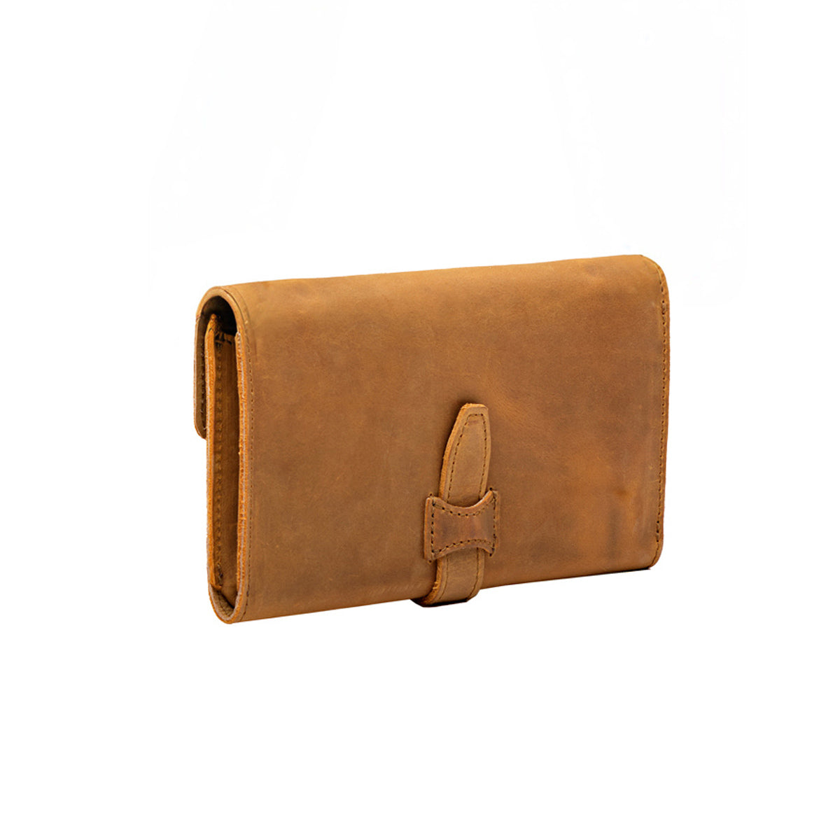 On The Go Leather Wallet in Tobacco, back view showing the tab loop that holds the closure
