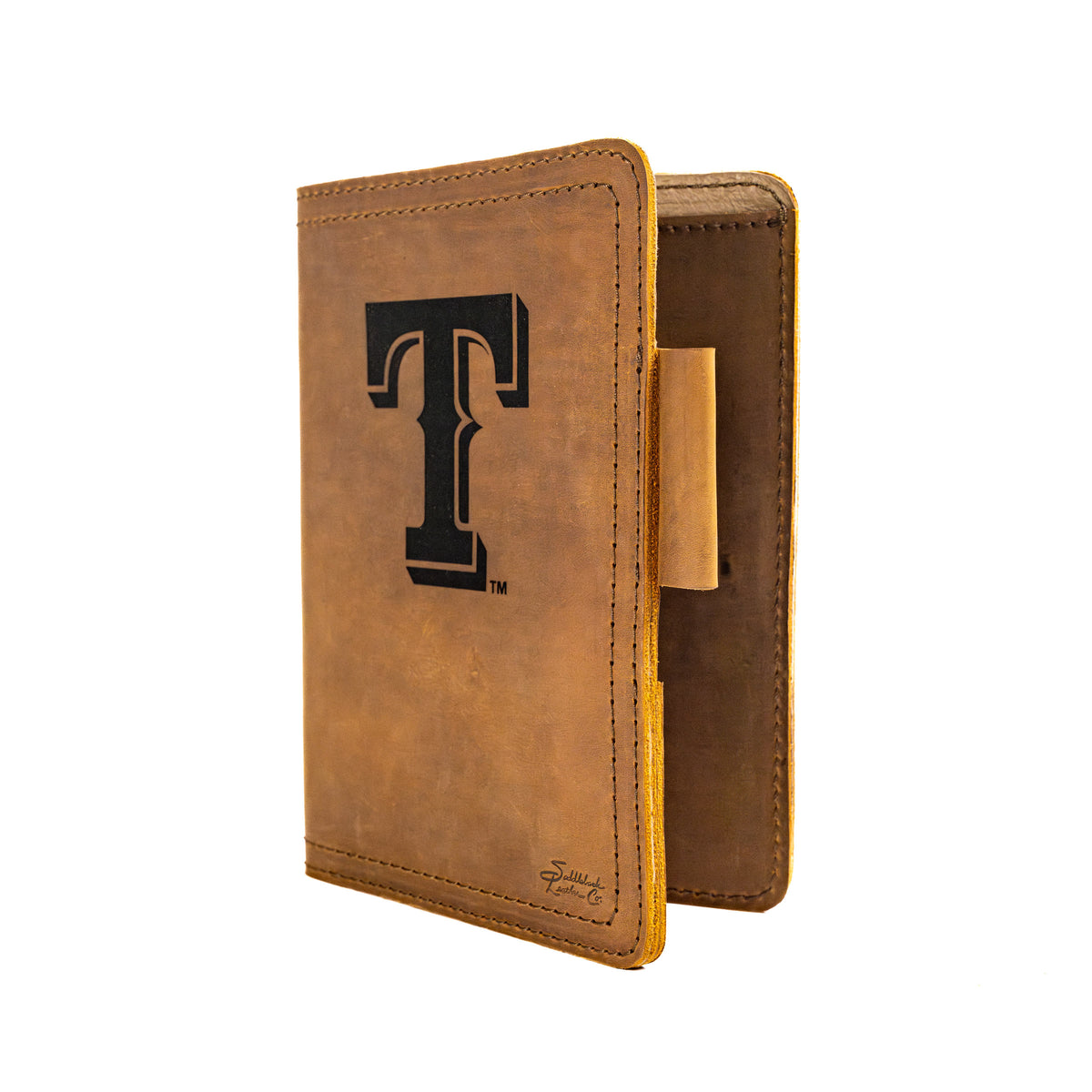 Leather Journal Cover - Texas Rangers in Tobacco, standing partly open with embossed Rangers T logo and pen loop