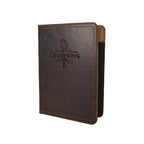 Leather Portfolio - Texas Rangers World Series in Dark Coffee Brown, angled front engraved World Series Champions 2023