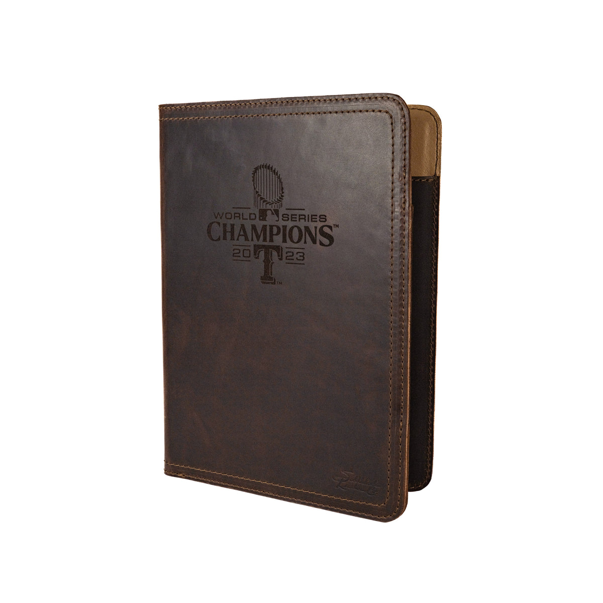 Leather Portfolio - Texas Rangers World Series in Dark Coffee Brown, angled front engraved World Series Champions 2023
