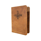 Leather Portfolio - Texas Rangers World Series in Tobacco, angled front engraved World Series Champions 2023