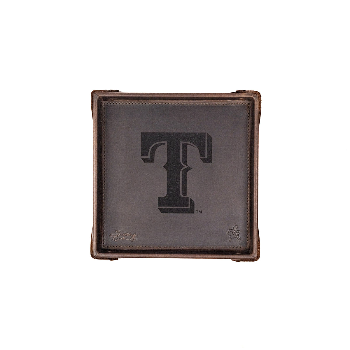 Texas Rangers Leather Valet Tray in Dark Coffee Brown, top-down view with embossed T logo