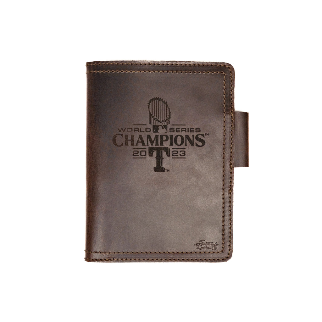 Leather Journal Cover - Texas Rangers World Series in Dark Coffee Brown, closed front engraved World Series Champions 2023