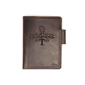 Leather Journal Cover - Texas Rangers World Series in Dark Coffee Brown, closed front engraved World Series Champions 2023