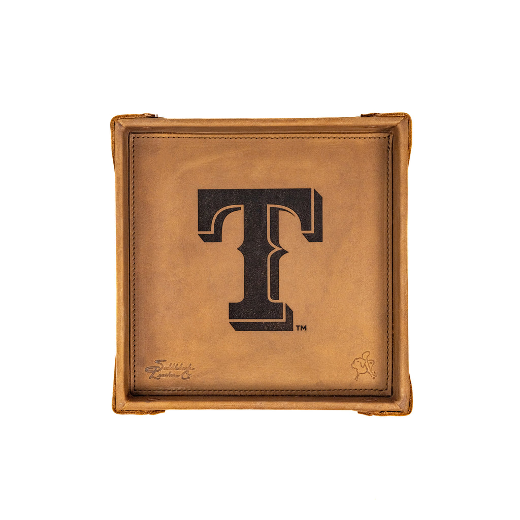 Texas Rangers Leather Valet Tray in Tobacco, top-down view with embossed T logo