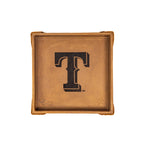 Texas Rangers Leather Valet Tray in Tobacco, top-down view with embossed T logo