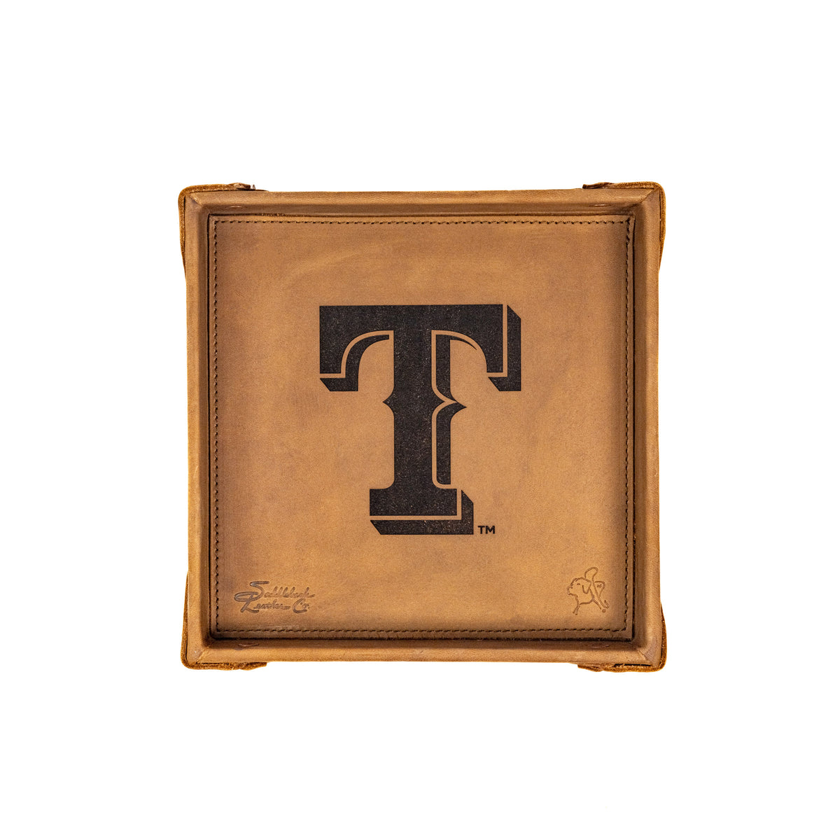 Texas Rangers Leather Valet Tray in Tobacco, top-down view with embossed T logo