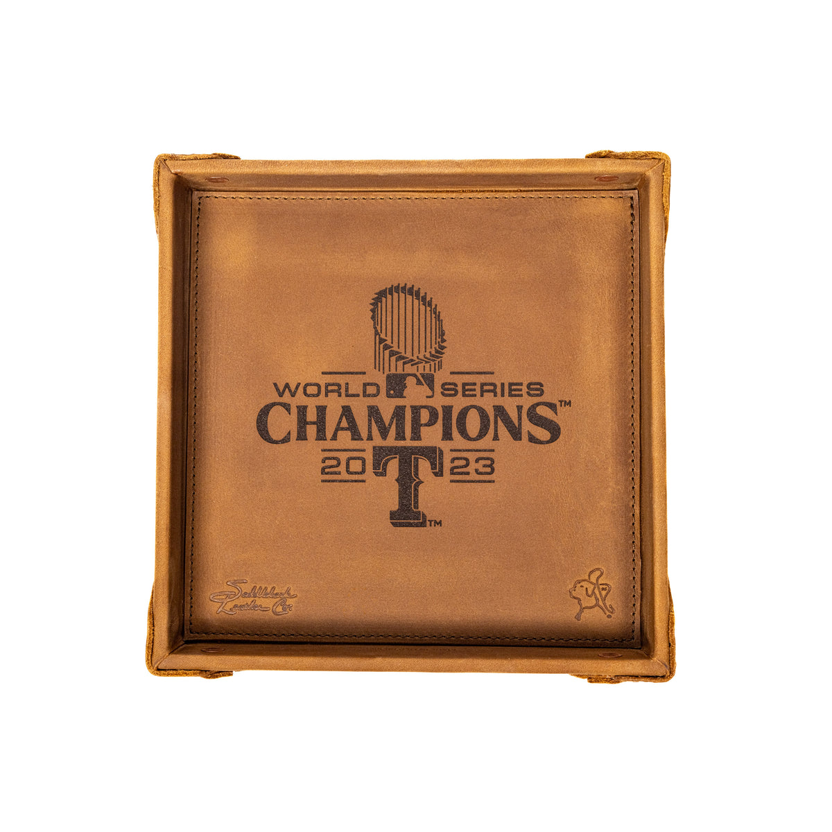 Leather Valet Tray - Texas Rangers World Series in Tobacco, top view engraved World Series Champions 2023