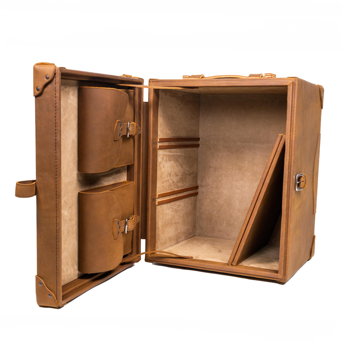 Leather Small Trunk in Tobacco, open upright on its side with shelf rails, removable divider and two buckled pockets