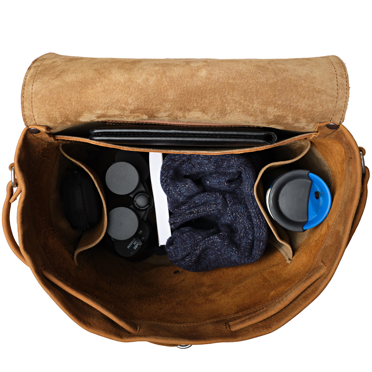 16" Drawstring Backpack in Tobacco, top view open with binoculars, a sweater and a travel mug inside