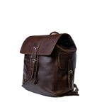 16" Drawstring Backpack in Dark Coffee Brown, angled front view with buckled flap and side pocket