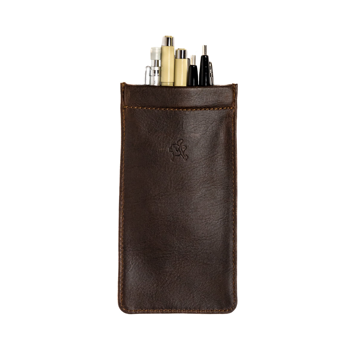 Bear Trap Leather Pen Case in Dark Coffee Brown, upright front view holding pens and a mechanical pencil