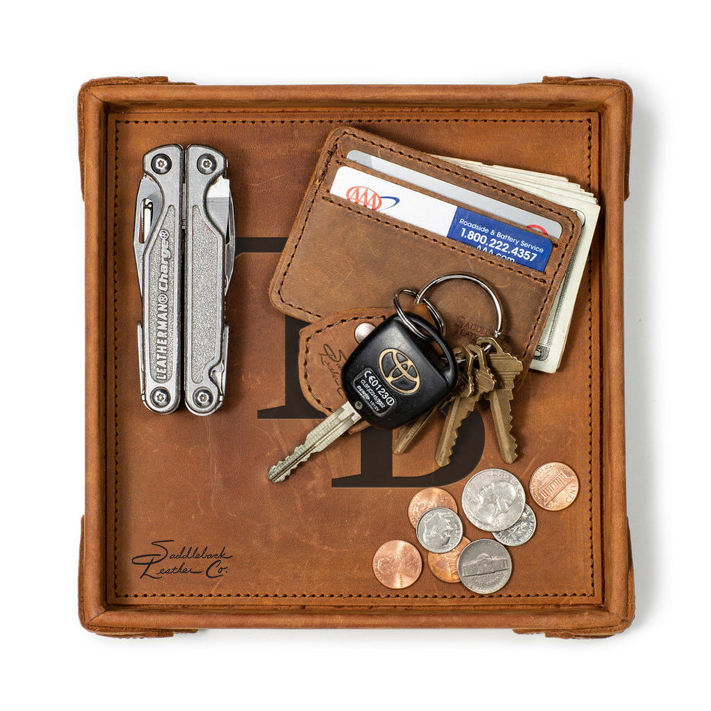 Tampa Bay Rays Leather Valet Tray in Tobacco, top-down view holding a multi-tool, card wallet, keys and coins
