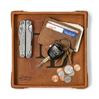 Tampa Bay Rays Leather Valet Tray in Tobacco, top-down view holding a multi-tool, card wallet, keys and coins