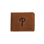 Leather Bifold Wallet in Tobacco with embossed Philadelphia Phillies P logo, closed front view