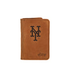 Leather Business Card Holder in Tobacco with embossed New York Mets NY logo, closed with a card peeking out