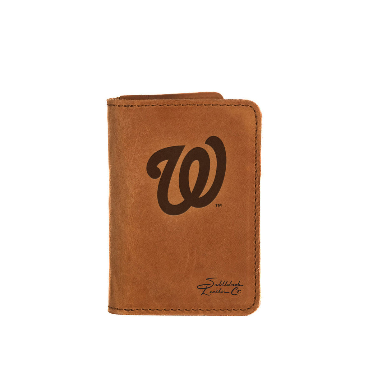 Leather Business Card Holder in Tobacco with embossed Washington Nationals logo, closed front view