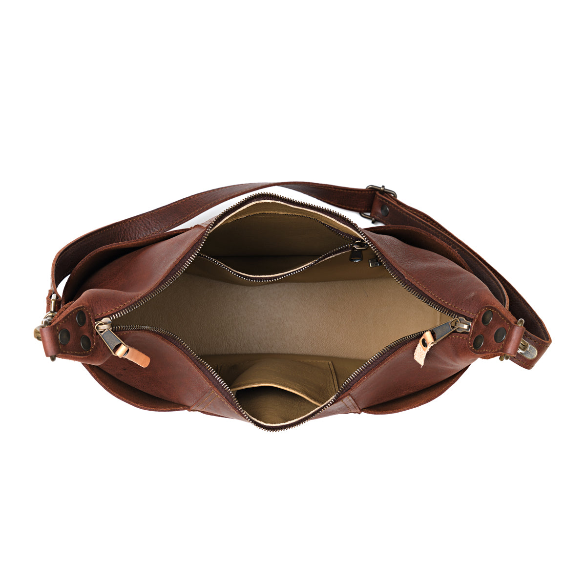 Women's Hobo Organizer Bag in Chestnut, top view unzipped showing the lined interior and slip pockets